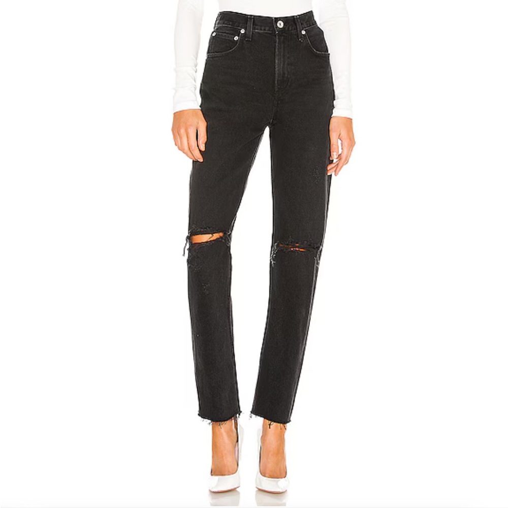 Agolde Black Relaxed Jeans with Distressed Knees